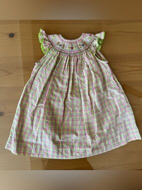 Vintage Plaid Smocked Dress with floral embroidery, Handmade in El Salvador, 18m